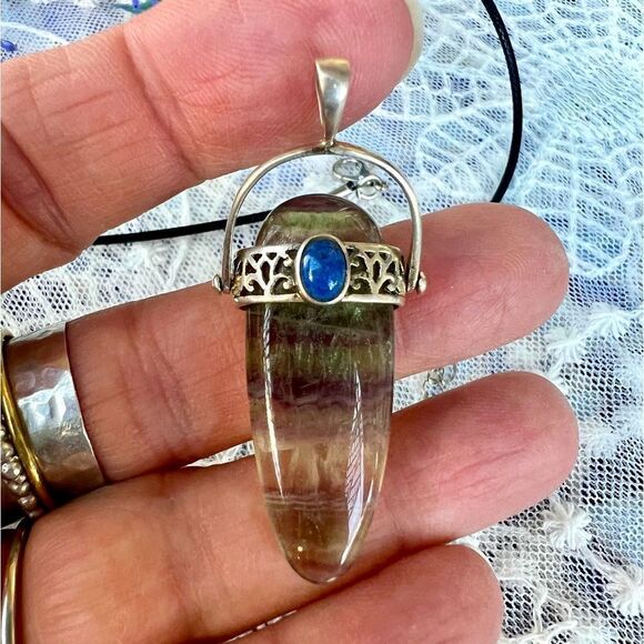 Genuine Fluorite & Lapis Lazuli Goddess Pendant Sterling Articulating Bail - Picture 10 of 10